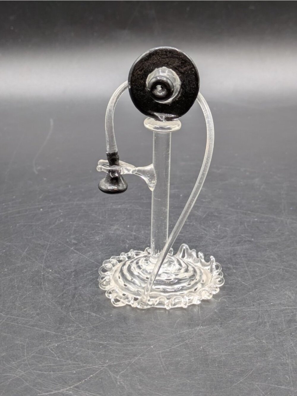 Vintage Miniature Spun Blown Glass Old Fashioned Telephone Black and Clear 3.5"